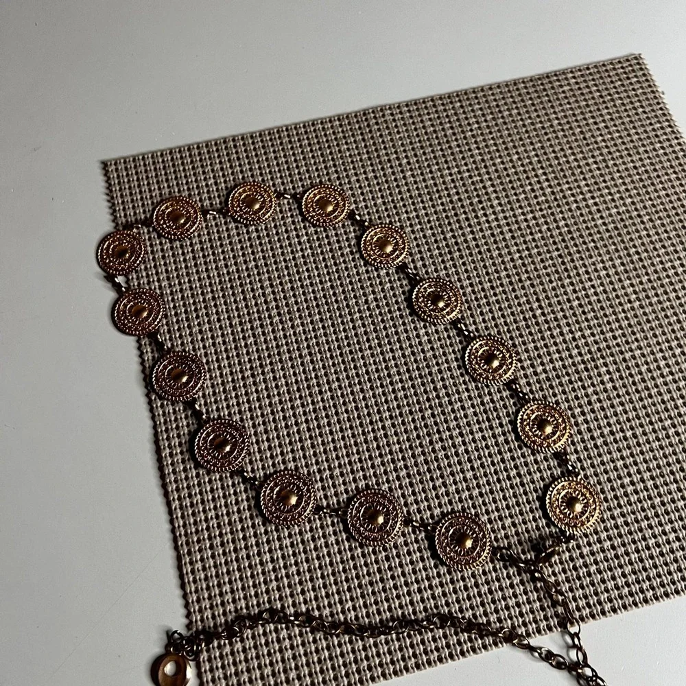 Vintage Gold Tone Medallion Chain Belt Adjustable Boho Western Disc Waist Belt